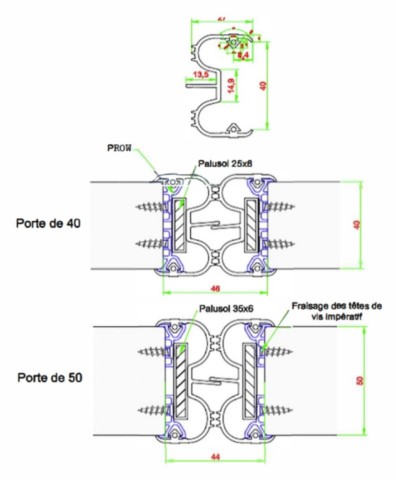 Plans cotés joint coupe-feu type W 40 et 50 mm